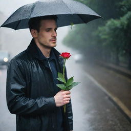 A man sheltering under the rain while waiting for his wife, holding a flower in his hand signifying his romantic anticipation.