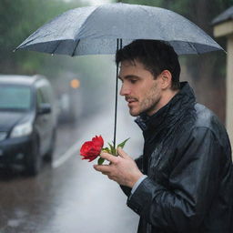 A man sheltering under the rain while waiting for his wife, holding a flower in his hand signifying his romantic anticipation.