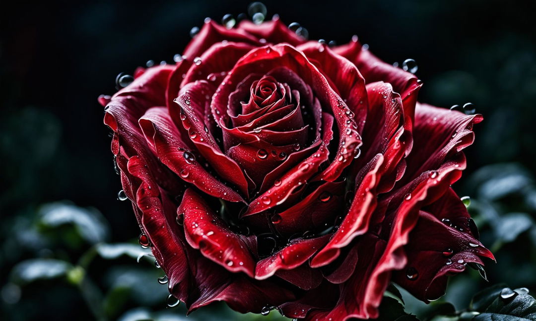 A close-up National Geographic-style photograph of a vibrant red rose in full bloom, captured in 32k resolution with a 200mm lens. Dewdrops on petals and a blurred background.