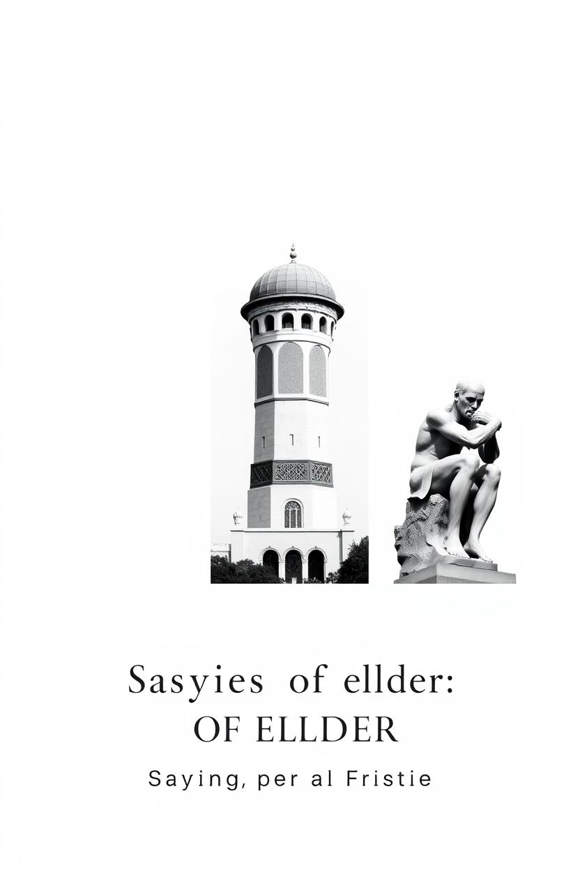 A minimalistic black and white book cover featuring three images: the ancient Agora of Athens in the first section, the minaret of Jondy Shapor University in Iran in the second section, and the statue of Le Penseur (The Thinker) in the third section