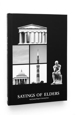 A minimalistic black and white book cover featuring three images: the ancient Agora of Athens in the first section, the minaret of Jondy Shapor University in Iran in the second section, and the statue of Le Penseur (The Thinker) in the third section