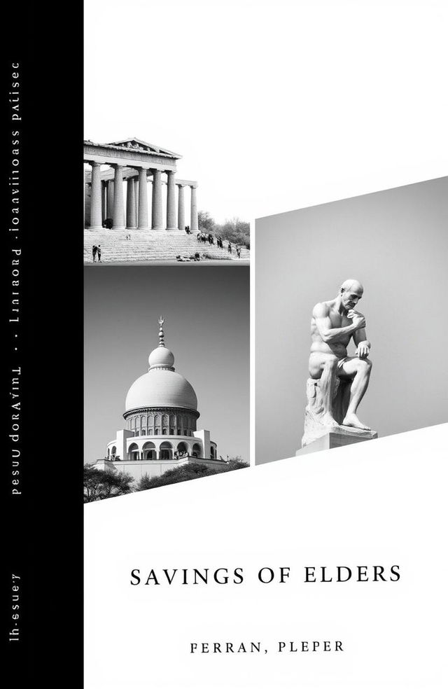 A minimalistic black and white book cover featuring three images: the ancient Agora of Athens in the first section, the minaret of Jondy Shapor University in Iran in the second section, and the statue of Le Penseur (The Thinker) in the third section