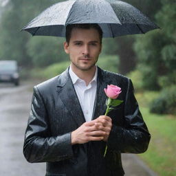 A devoted man standing in the rain, holding an elegant flower in his hand as a symbol of love, awaiting the anticipated arrival of his wife.