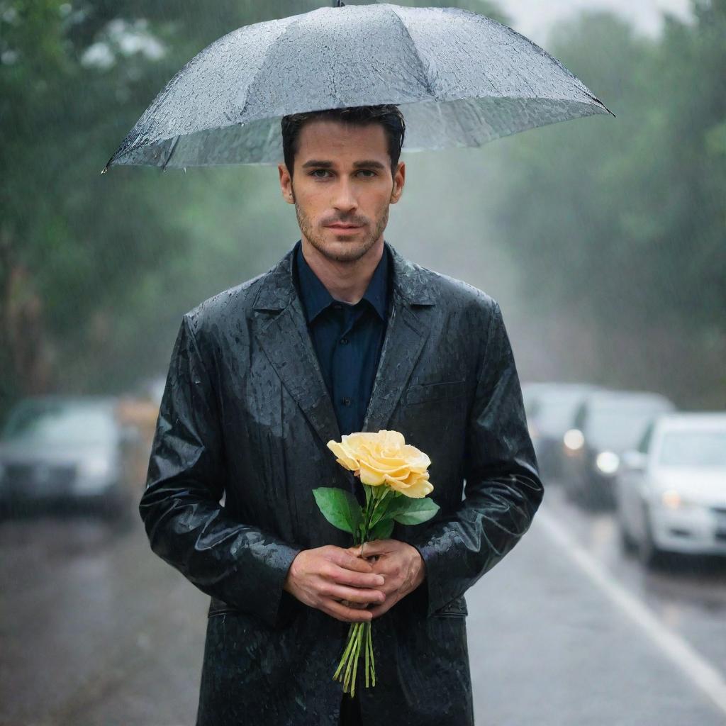 A devoted man standing in the rain, holding an elegant flower in his hand as a symbol of love, awaiting the anticipated arrival of his wife.