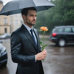 A devoted man standing in the rain, holding an elegant flower in his hand as a symbol of love, awaiting the anticipated arrival of his wife.