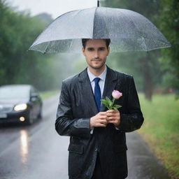 A devoted man standing in the rain, holding an elegant flower in his hand as a symbol of love, awaiting the anticipated arrival of his wife.