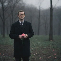 A solemn man standing in a dim world, holding a blooming flower as the only source of color, patiently waiting for his beloved wife.