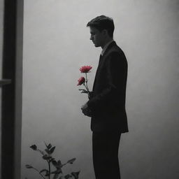 A solemn man standing in a dim world, holding a blooming flower as the only source of color, patiently waiting for his beloved wife.