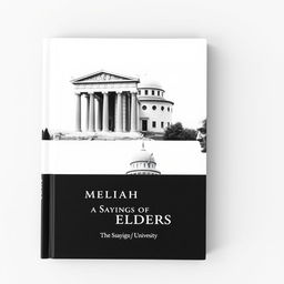 A minimalistic black and white book cover featuring three distinct images: the ancient Agora of Athens prominently displayed in the first section, followed by the elegant minaret of Jondy Shapor University in Iran in the second section, and finally, the iconic statue of Le Penseur (The Thinker) in the third section