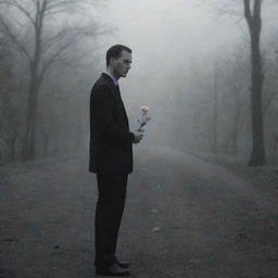 A solemn man standing in a dim world, holding a blooming flower as the only source of color, patiently waiting for his beloved wife.