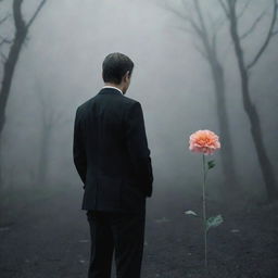 A solemn man standing in a dim world, holding a blooming flower as the only source of color, patiently waiting for his beloved wife.