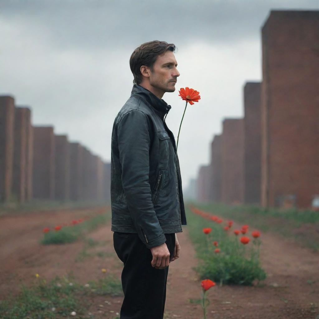 In a dystopian future, a pensive man stands alone, a single vibrant flower in his hand, a symbol of hope as he yearningly awaits his wife's return.