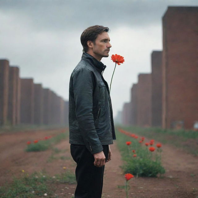 In a dystopian future, a pensive man stands alone, a single vibrant flower in his hand, a symbol of hope as he yearningly awaits his wife's return.