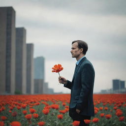 In a dystopian future, a pensive man stands alone, a single vibrant flower in his hand, a symbol of hope as he yearningly awaits his wife's return.