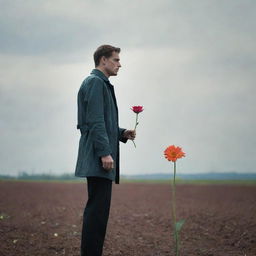 In a dystopian future, a pensive man stands alone, a single vibrant flower in his hand, a symbol of hope as he yearningly awaits his wife's return.