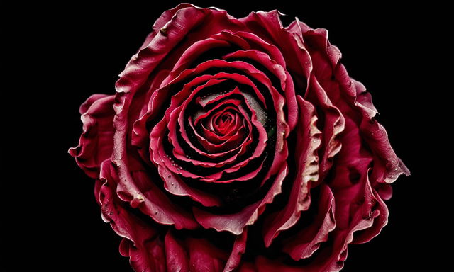 A close-up National Geographic-style photograph of a blooming red rose, captured in 32k resolution with a Canon RF 1200mm lens. Dewdrops on petals and a blurred background.