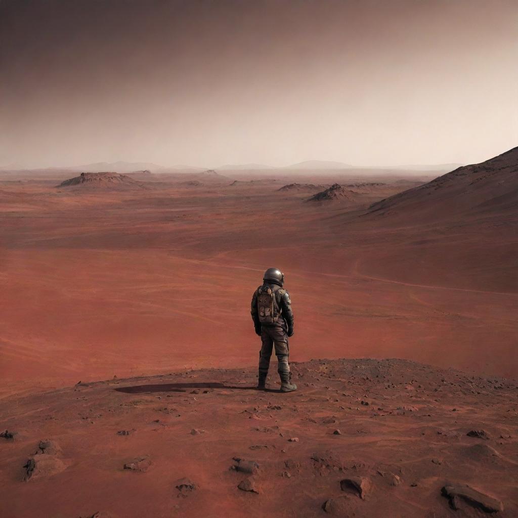 A lone, somber man standing on the stark, red landscape of Mars, clutching a single, vibrant flower in his hand as he waits for his wife, a symbol of life and hope in the barren surroundings.