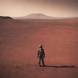 A lone, somber man standing on the stark, red landscape of Mars, clutching a single, vibrant flower in his hand as he waits for his wife, a symbol of life and hope in the barren surroundings.