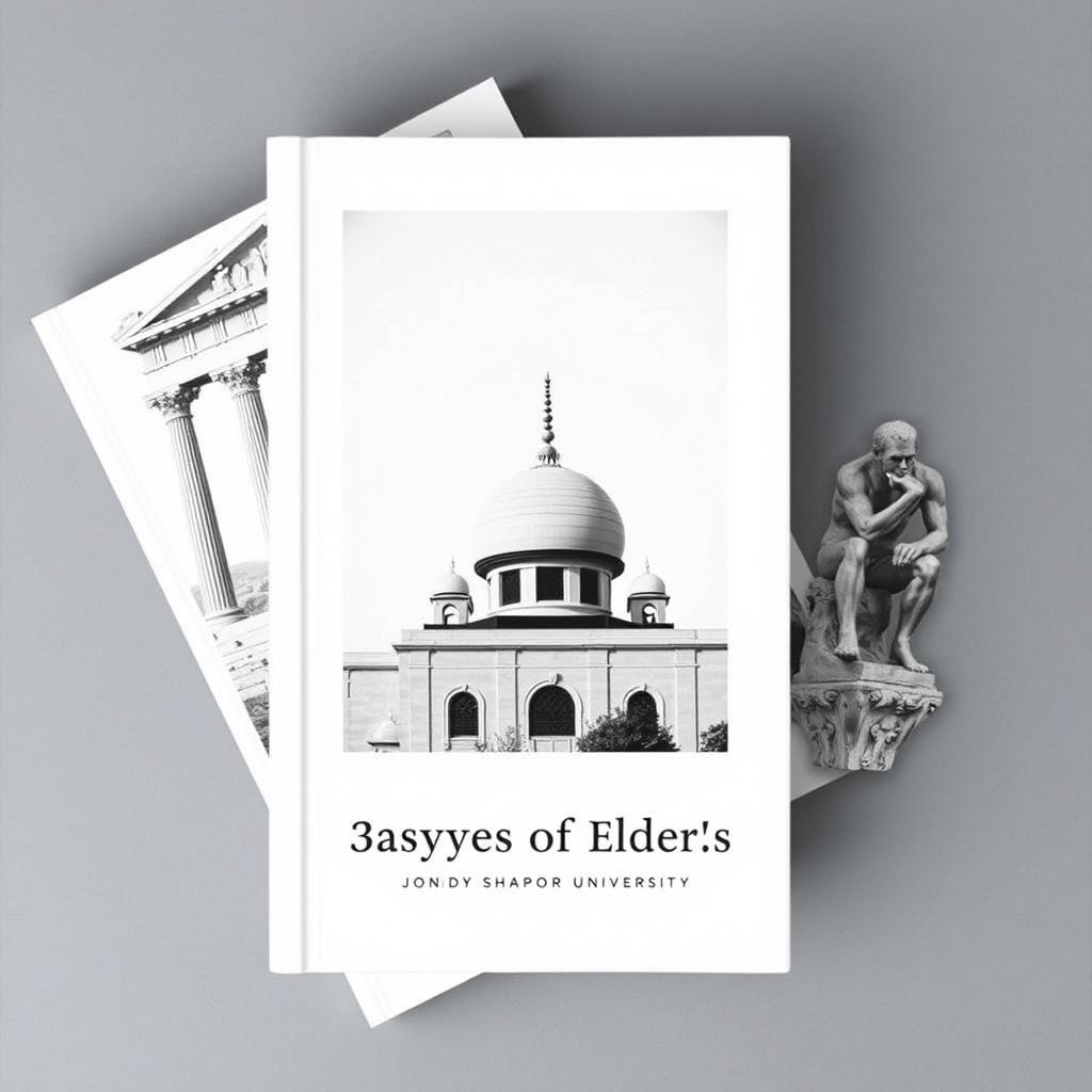 A stylish and minimalistic black and white book cover featuring three distinct images: the ancient Agora of Athens prominently displayed in the first section, the elegant minaret of Jondy Shapor University in Iran in the second section, and the iconic statue of Le Penseur (The Thinker) in the third section