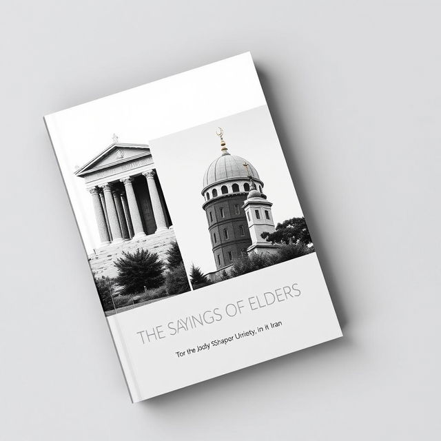 A stylish and minimalistic black and white book cover featuring three distinct images: the ancient Agora of Athens prominently displayed in the first section, the elegant minaret of Jondy Shapor University in Iran in the second section, and the iconic statue of Le Penseur (The Thinker) in the third section