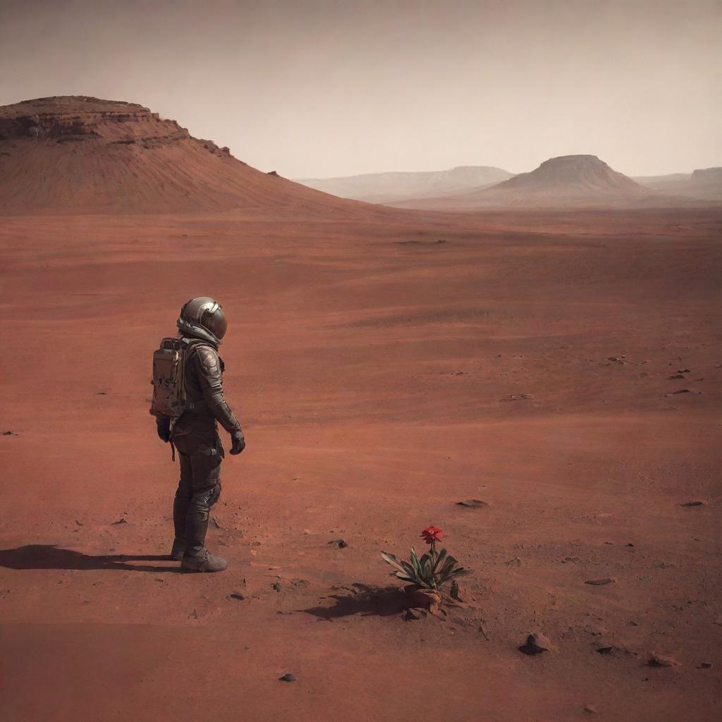 A lone, somber man standing on the stark, red landscape of Mars, clutching a single, vibrant flower in his hand as he waits for his wife, a symbol of life and hope in the barren surroundings.