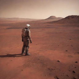 A lone, somber man standing on the stark, red landscape of Mars, clutching a single, vibrant flower in his hand as he waits for his wife, a symbol of life and hope in the barren surroundings.