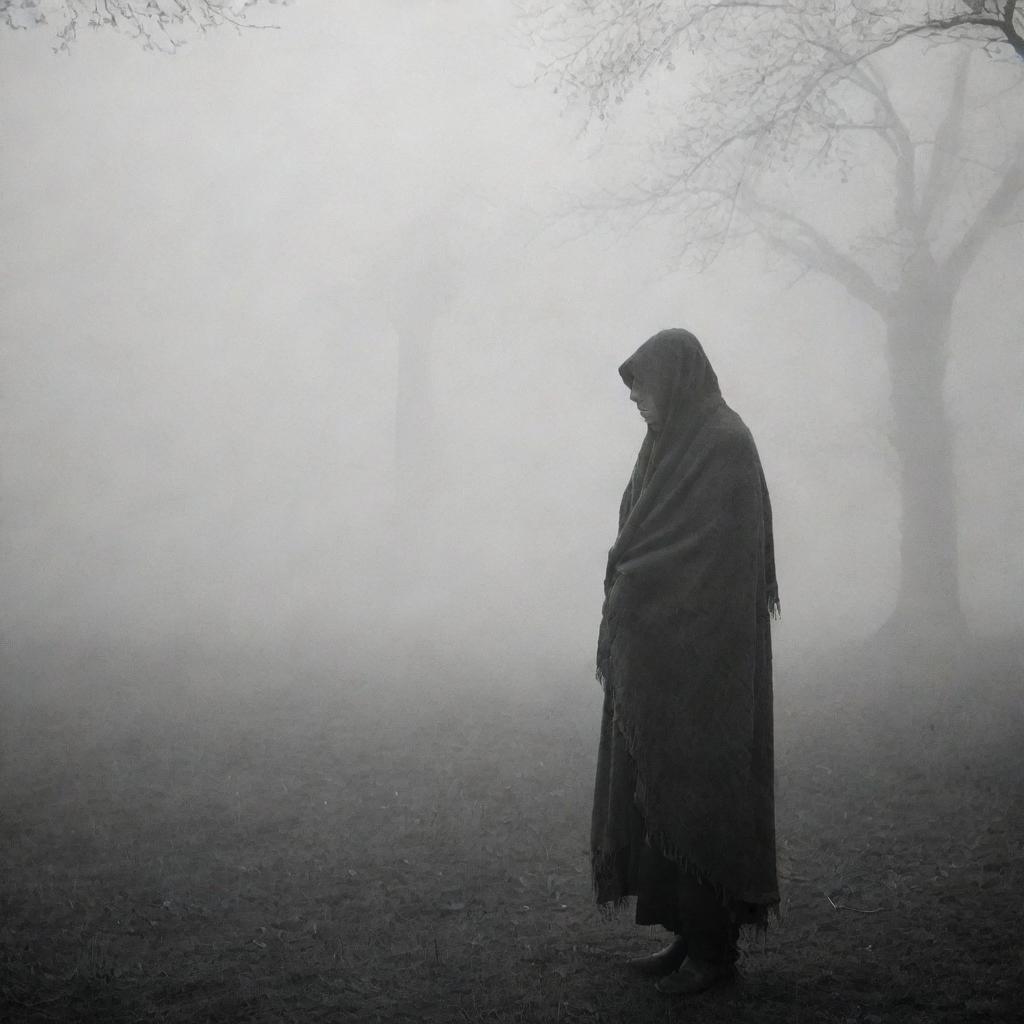 An anxious man shrouded in a thick blanket of mist, foregone and silently waiting for his wife, creating a dramatic and suspenseful scene.