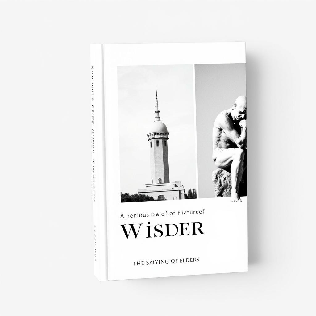 A stylish and minimal black and white book cover that features three images: the ancient Agora of Athens as the first picture, the minaret of Jondy Shapor University in Iran as the second, and the statue of Le Penseur (The Thinker) as the third