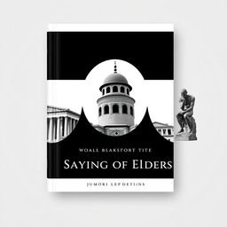 A stylish and minimal black and white book cover that features three images: the ancient Agora of Athens as the first picture, the minaret of Jondy Shapor University in Iran as the second, and the statue of Le Penseur (The Thinker) as the third