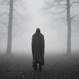 An anxious man shrouded in a thick blanket of mist, foregone and silently waiting for his wife, creating a dramatic and suspenseful scene.