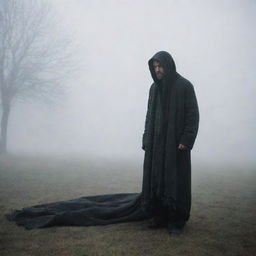 An anxious man shrouded in a thick blanket of mist, foregone and silently waiting for his wife, creating a dramatic and suspenseful scene.