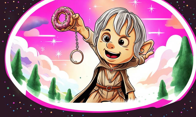 Digital art thumbnail featuring a humorous depiction of Frodo from Lord of the Rings holding a donut ring, with 'The Donut Bearer's Journey' text overlay, and a whimsical border.