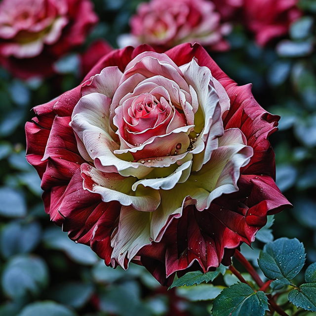 High-definition nature photograph of a Double Delight rose in a rose garden, captured in an ultra-close shot with perfect lighting composition.