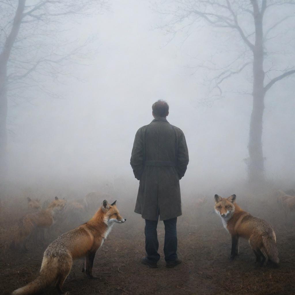 A sorrowful man standing in dense fog, awaiting his wife. His isolation is highlighted by the unexpected company of numerous foxes, enhancing the eerie atmosphere.