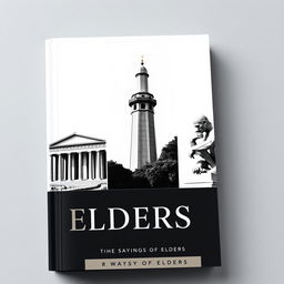 A stylish and minimal black and white book cover that features three distinct images: a realistic depiction of the ancient Agora of Athens as the first picture, the minaret of Jondy Shapor University in Iran as the second, and the statue of Le Penseur (The Thinker) as the third