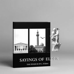A stylish and minimal black and white book cover that features three distinct images: a realistic depiction of the ancient Agora of Athens as the first picture, the minaret of Jondy Shapor University in Iran as the second, and the statue of Le Penseur (The Thinker) as the third