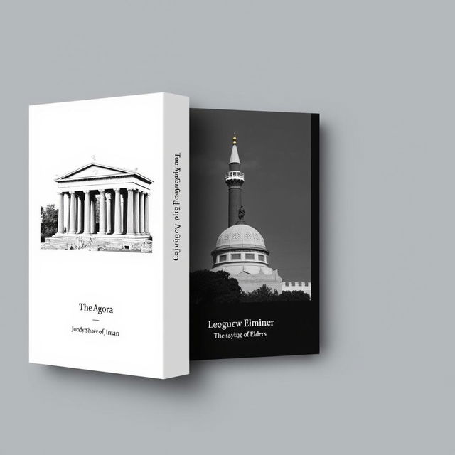 A stylish and minimal black and white book cover that features three distinct images: a realistic depiction of the ancient Agora of Athens as the first picture, the minaret of Jondy Shapor University in Iran as the second, and the statue of Le Penseur (The Thinker) as the third