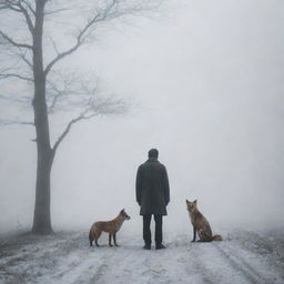 A sorrowful man standing in dense fog, awaiting his wife. His isolation is highlighted by the unexpected company of numerous foxes, enhancing the eerie atmosphere.