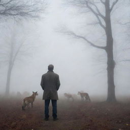 A sorrowful man standing in dense fog, awaiting his wife. His isolation is highlighted by the unexpected company of numerous foxes, enhancing the eerie atmosphere.