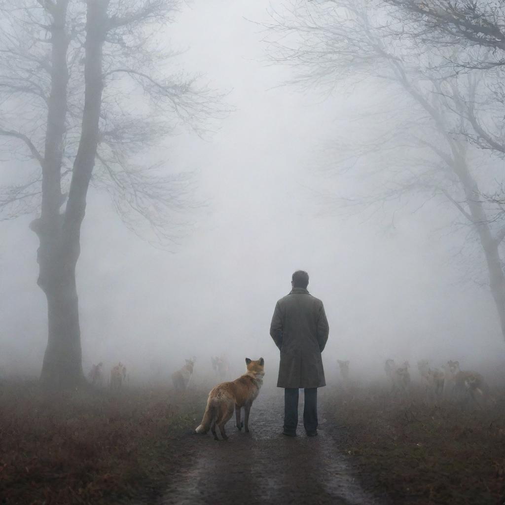 A sorrowful man standing in dense fog, awaiting his wife. His isolation is highlighted by the unexpected company of numerous foxes, enhancing the eerie atmosphere.