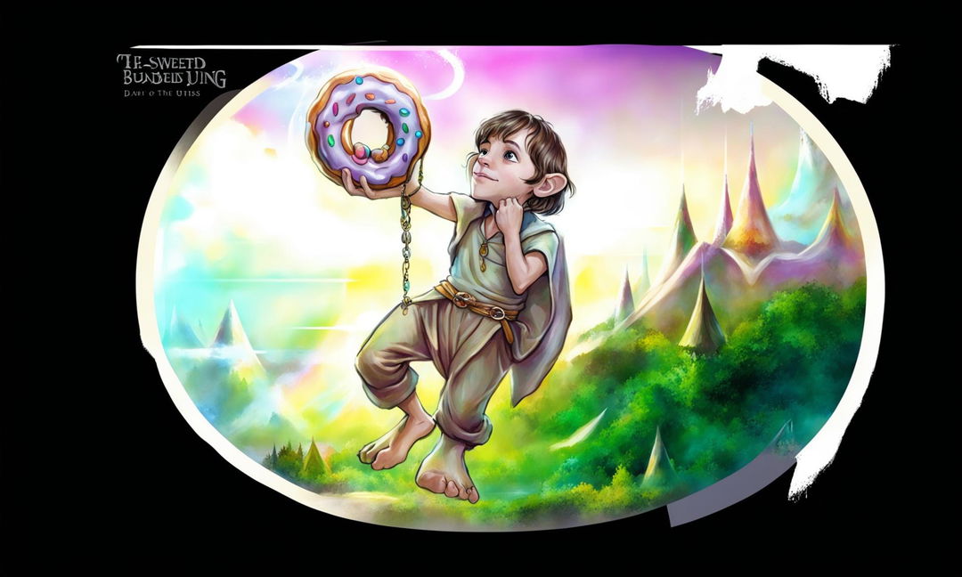 Digital art thumbnail featuring Frodo from Lord of the Rings holding a donut ring, with 'The Sweetest Burden' text overlay, and a whimsical border.