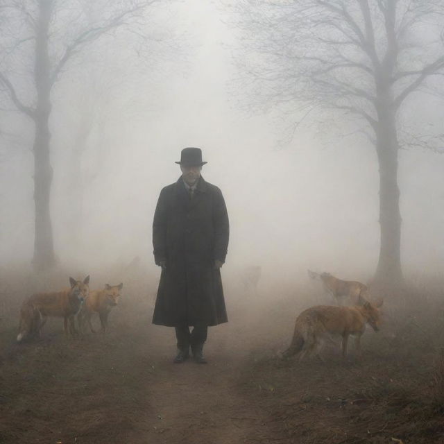 A melancholy man in dense fog, waiting for his wife, in the presence of numerous foxes. His wife's ghost subtly appears in the mist, adding a layer of mystique and longing.