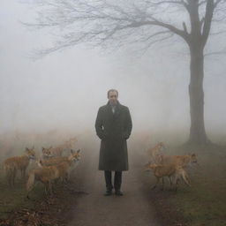 A melancholy man in dense fog, waiting for his wife, in the presence of numerous foxes. His wife's ghost subtly appears in the mist, adding a layer of mystique and longing.