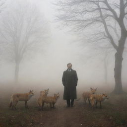 A melancholy man in dense fog, waiting for his wife, in the presence of numerous foxes. His wife's ghost subtly appears in the mist, adding a layer of mystique and longing.