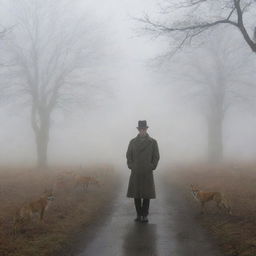 A melancholy man in dense fog, waiting for his wife, in the presence of numerous foxes. His wife's ghost subtly appears in the mist, adding a layer of mystique and longing.