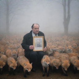 A mournful man in thick fog, surrounded by numerous foxes, holding a picture of his wife as he awaits her in the hushed quietude.