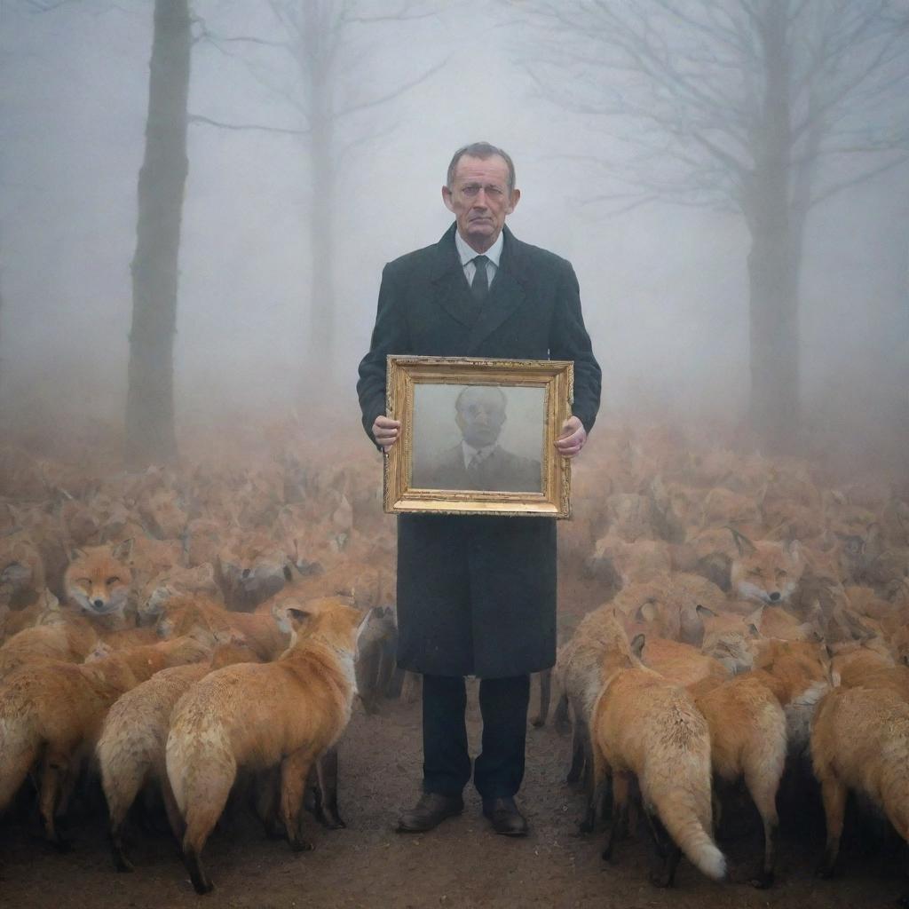 A mournful man in thick fog, surrounded by numerous foxes, holding a picture of his wife as he awaits her in the hushed quietude.