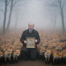 A mournful man in thick fog, surrounded by numerous foxes, holding a picture of his wife as he awaits her in the hushed quietude.