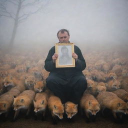 A mournful man in thick fog, surrounded by numerous foxes, holding a picture of his wife as he awaits her in the hushed quietude.