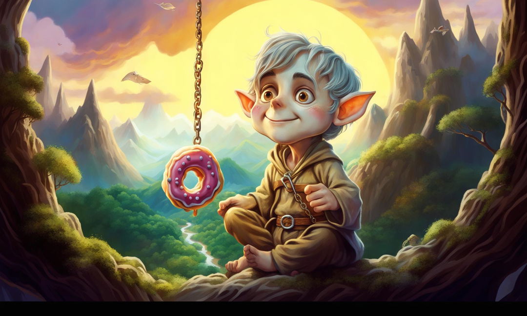 Digital art thumbnail featuring Frodo from Lord of the Rings holding a donut ring, against a stylized version of Middle Earth.